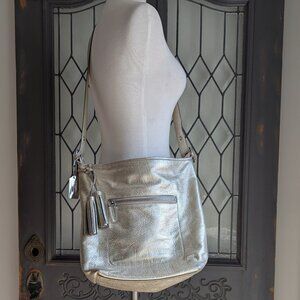 Coach Legacy Metallic Platinum Gold Duffle Pebbled Leather Tassels 19894